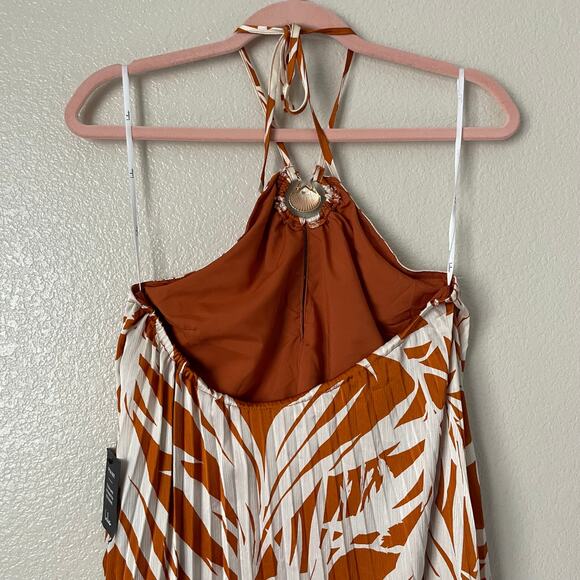 Lulus‎ Dress Womens Small Orange Cream Kalena Maxi Halter Pleated Palm Tree Boho - Picture 8 of 15